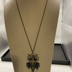 Owl Pendant Necklace with enamel feather Accents